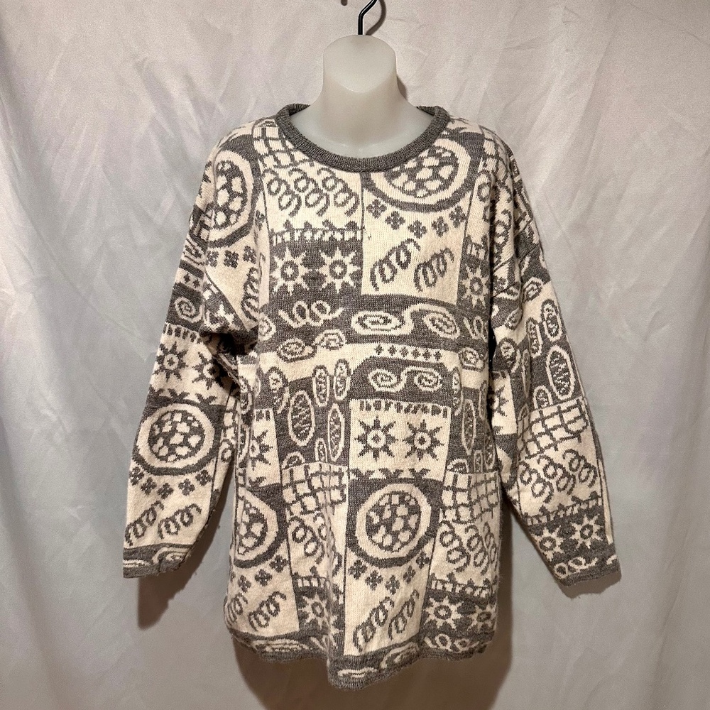 Womens 80s Gray Ivory Oversized Sweater Made in Italy Size Medium